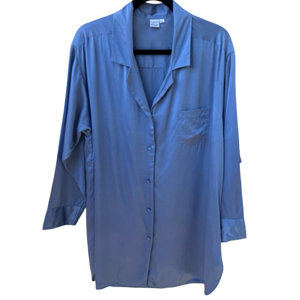 Treesha Womens Blue 100% Silk Button Down Shirt Long Sleeve Oversized Large